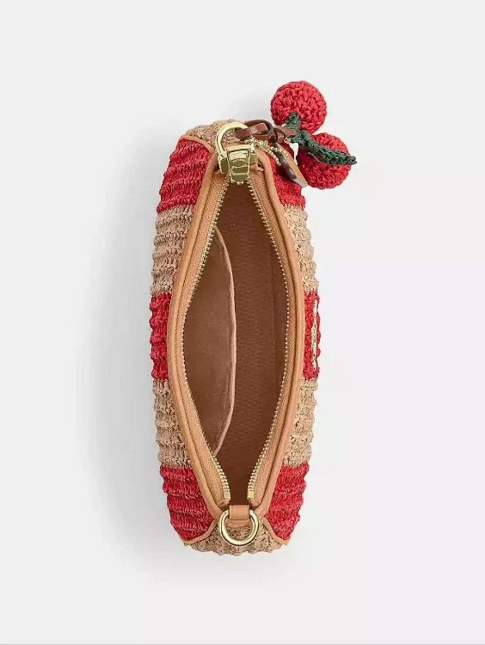 Coach Red & Natural Straw Crochet Shoulder Bag with Cherry Charm